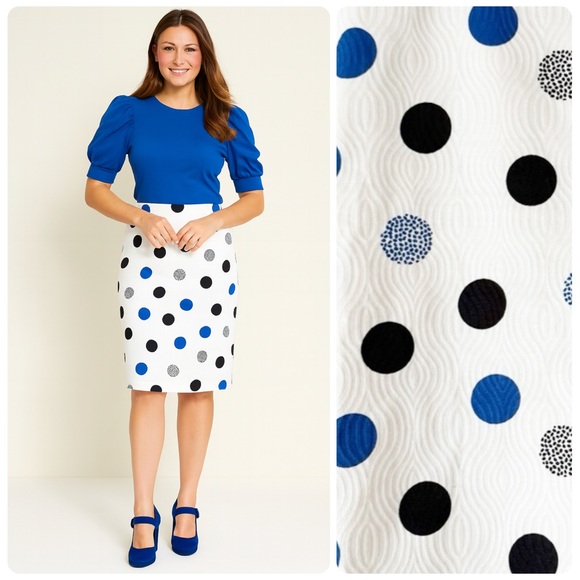 Talbots Polka Dot Pencil Skirt Off White Black Blue Size 12 Preppy Office Casual - Picture 1 of 12